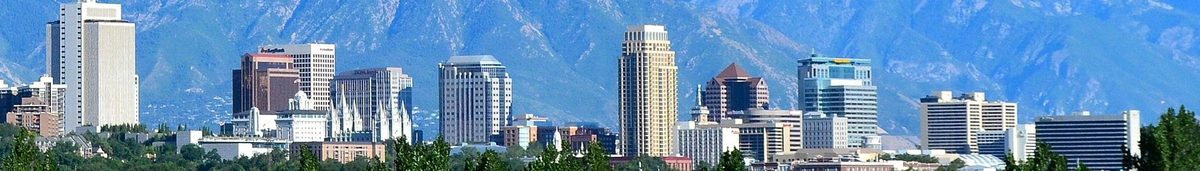The downtown Salt Lake City skyline at dusk.